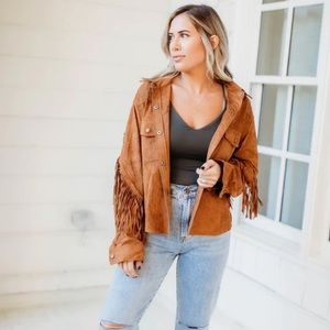 Fringed Suede Button-Front Jacket in Cognac